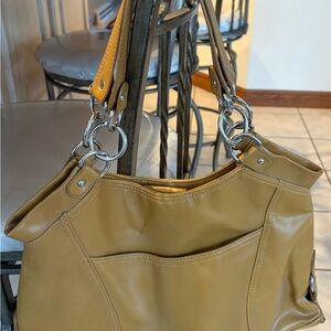Nine West Mustard Yellow Leather Shoulder Bag with Silver Hardware